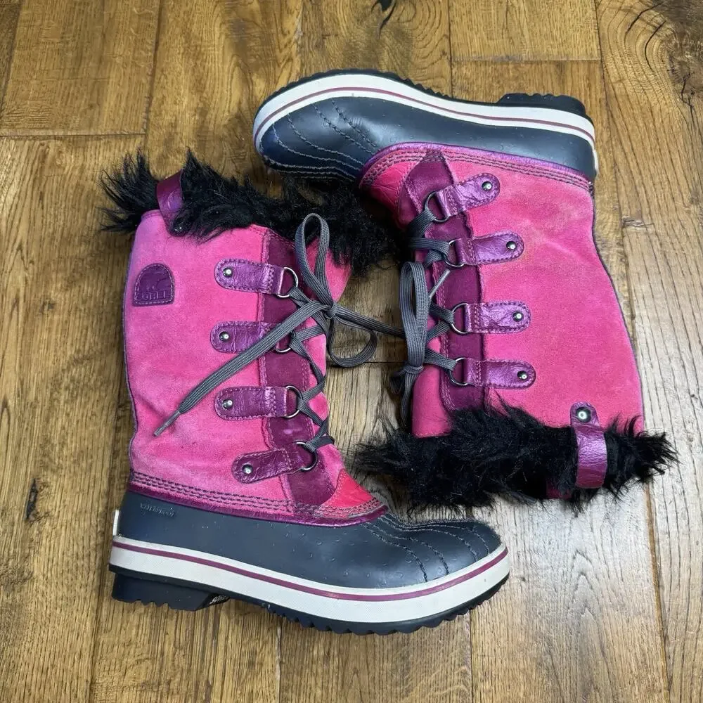Girls Sorel Pink Suede Snow Boots Tofino Muck Funky Faux Fur Trim Size 3 Youth